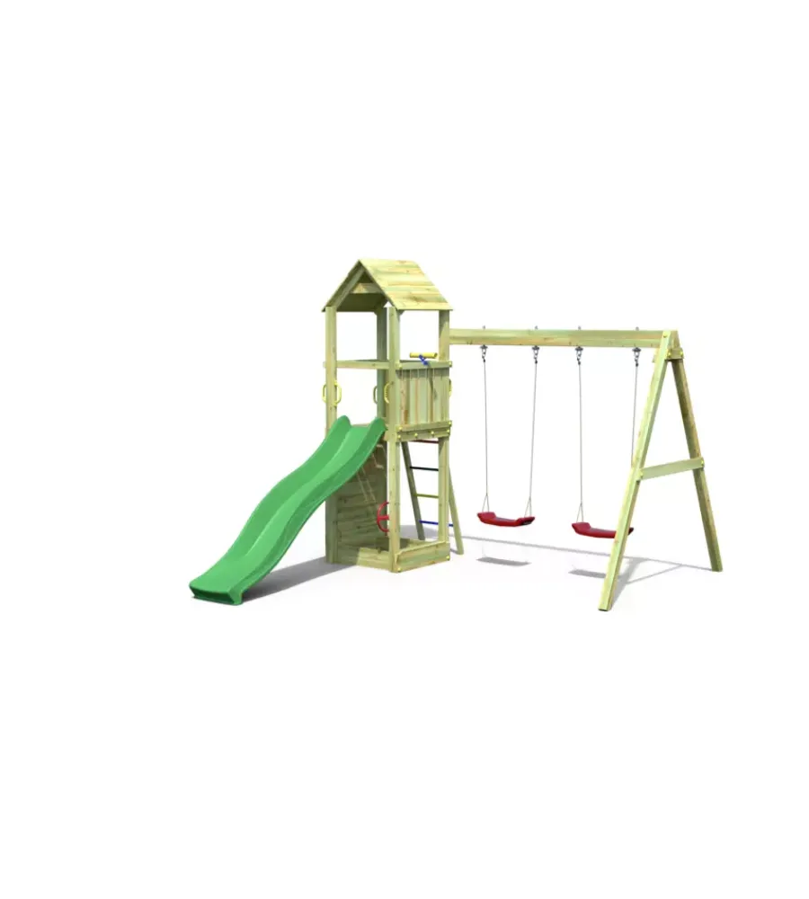 Clearance Gioco da esterno per bambini "flappi" con torretta con tetto, scivolo e altalena doppia 303x370x272 cm Giochi E Casette Bimbo