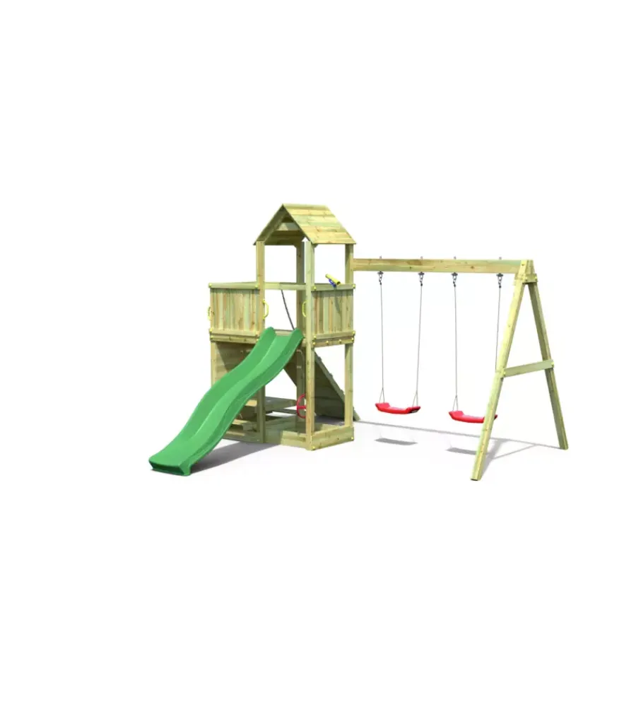 Fungoo Giochi E Casette Bimbo|Gioco per bambini da esterno in legno "floppi torretta" con torretta scivolo e altalena doppia, 379x396x277 cm