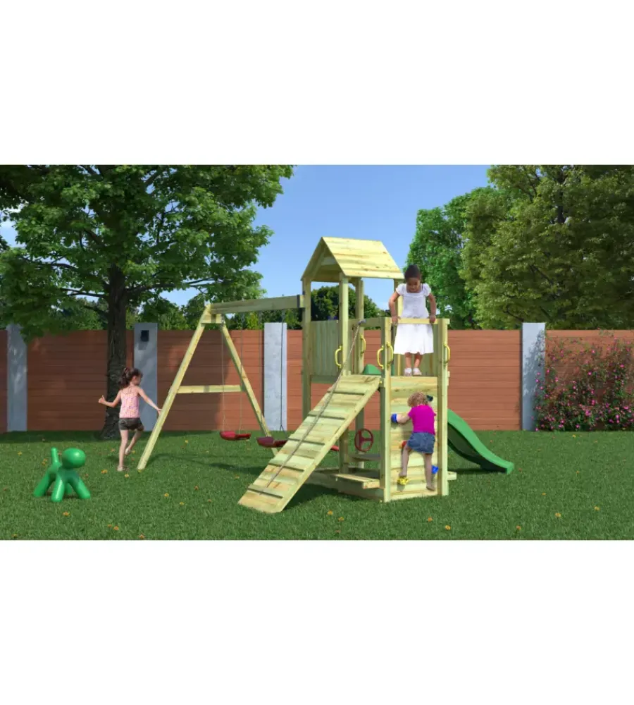 Fungoo Giochi E Casette Bimbo|Gioco per bambini da esterno in legno "floppi torretta" con torretta scivolo e altalena doppia, 379x396x277 cm