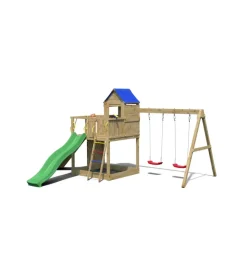 Giochi E Casette Bimbo- Gioco per bambini da esterno in legno "treehouse" con casetta aperta sospesa, scivolo e altalena doppia, 443x501x272 cm