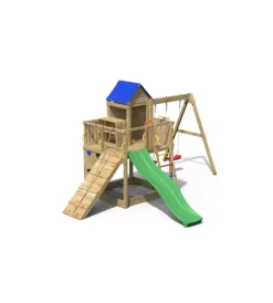 Giochi E Casette Bimbo- Gioco per bambini da esterno in legno "treehouse" con casetta aperta sospesa, scivolo e altalena doppia, 443x501x272 cm