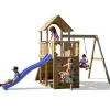 Fungoo Giochi E Casette Bimbo|Gioco per bambini da esterno in legno "carol 3" con torretta, altalena, scivolo, parete da arrrampicata e rampa con corda 310x460x282 cm