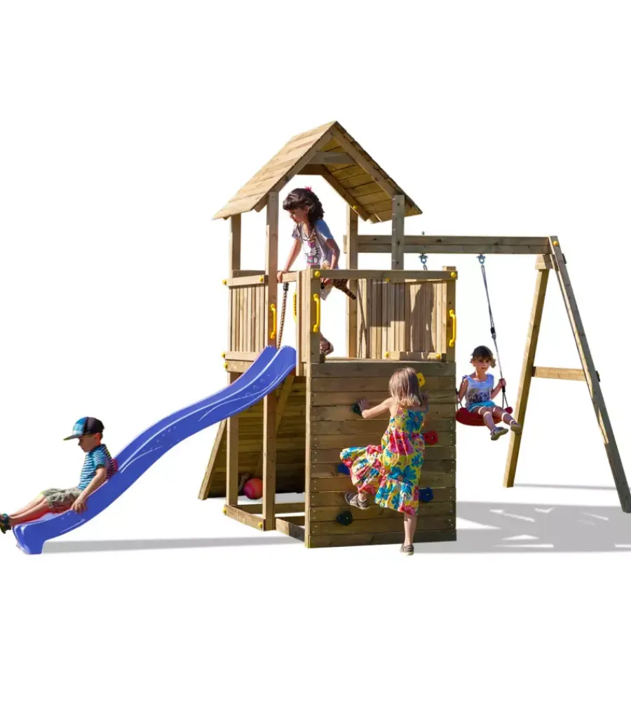 Fungoo Giochi E Casette Bimbo|Gioco per bambini da esterno in legno "carol 3" con torretta, altalena, scivolo, parete da arrrampicata e rampa con corda 310x460x282 cm