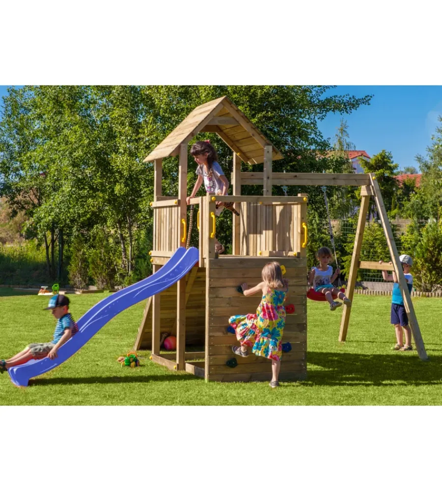 Fungoo Giochi E Casette Bimbo|Gioco per bambini da esterno in legno "carol 3" con torretta, altalena, scivolo, parete da arrrampicata e rampa con corda 310x460x282 cm