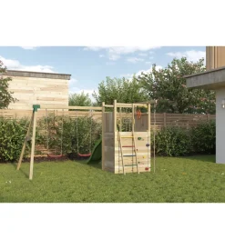 Fungoo Giochi E Casette Bimbo|Gioco per bambini da esterno in legno "houser" con torretta, 2 altalene, corda da arrampicata e scala in corda 343x363x220 cm