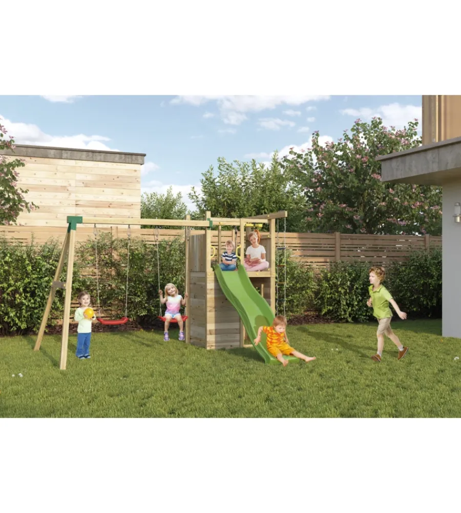 Fungoo Giochi E Casette Bimbo|Gioco per bambini da esterno in legno "houser" con torretta, 2 altalene, corda da arrampicata e scala in corda 343x363x220 cm
