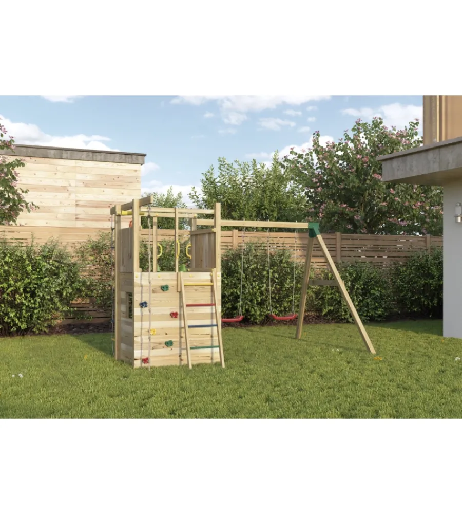 Fungoo Giochi E Casette Bimbo|Gioco per bambini da esterno in legno "houser" con torretta, 2 altalene, corda da arrampicata e scala in corda 343x363x220 cm