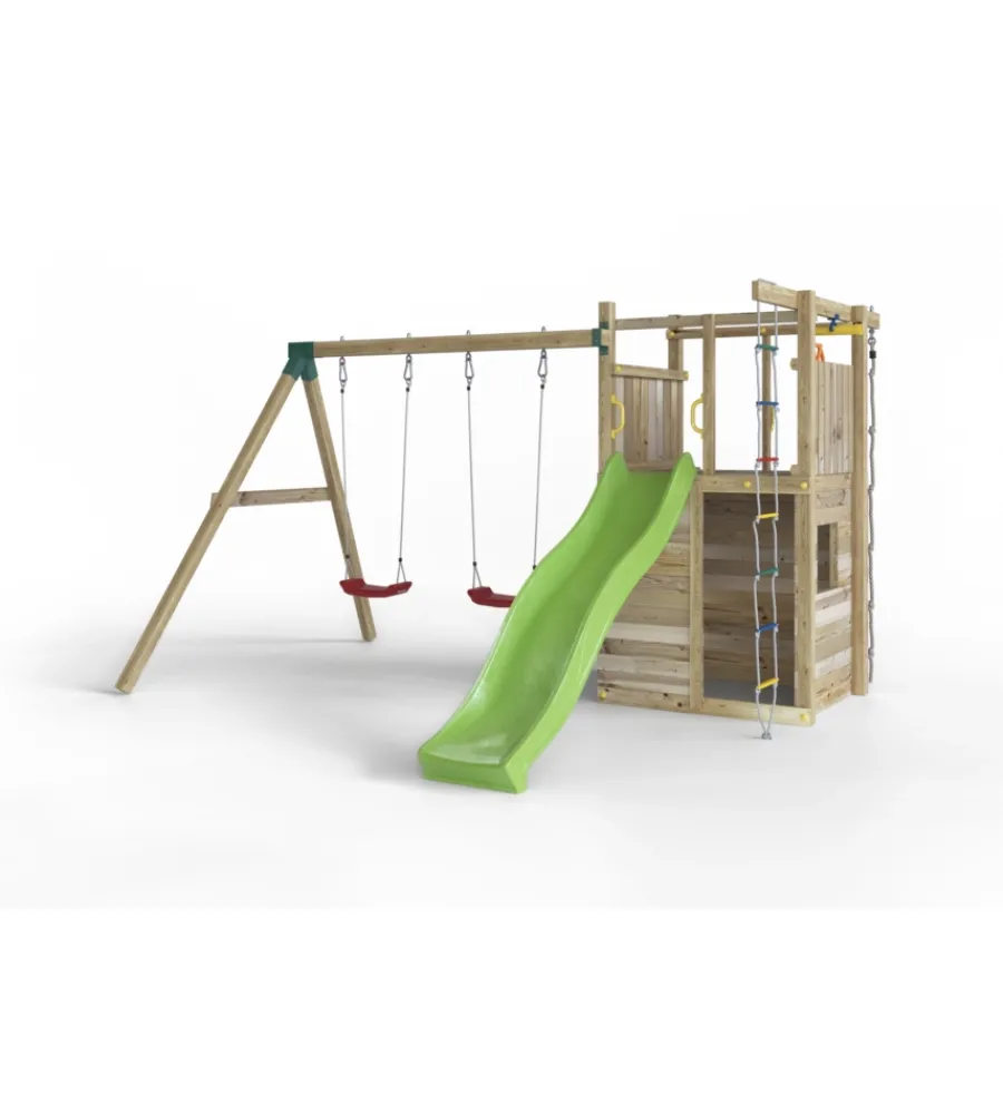 Fungoo Giochi E Casette Bimbo|Gioco per bambini da esterno in legno "houser" con torretta, 2 altalene, corda da arrampicata e scala in corda 343x363x220 cm