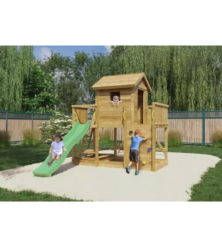 Giochi E Casette Bimbo-Fungoo Gioco per bambini da esterno in legno "mars" con casetta con finestra, altalena e scivolo, 558x301x280 cm