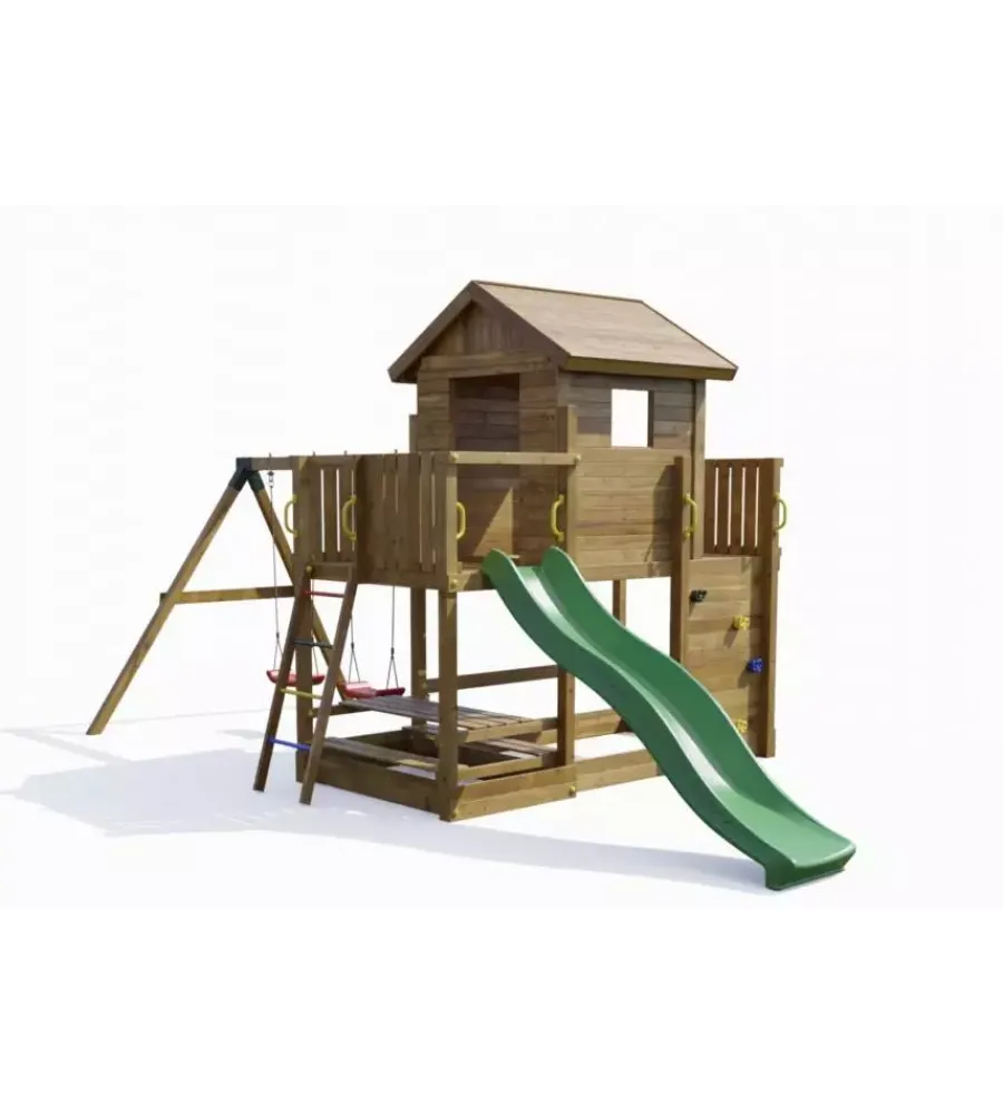 Giochi E Casette Bimbo-Fungoo Gioco per bambini da esterno in legno "mars" con casetta con finestra, altalena e scivolo, 558x301x280 cm
