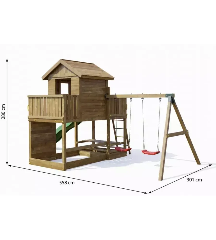 Giochi E Casette Bimbo-Fungoo Gioco per bambini da esterno in legno "mars" con casetta con finestra, altalena e scivolo, 558x301x280 cm