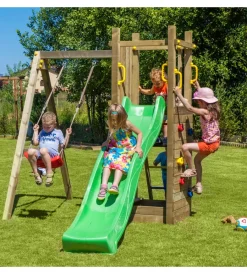 Giochi E Casette Bimbo-Fungoo Gioco per bambini da esterno in legno "funny 3" con torretta, altalena, scivolo e parete da arrrampicata 290x200x210 cm