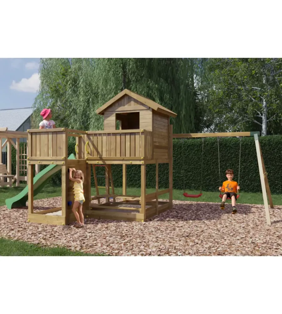Discount Gioco per bambini da esterno "pluto" con casetta con finestra, altalena doppia e scivolo, 558x301x280 cm Giochi E Casette Bimbo