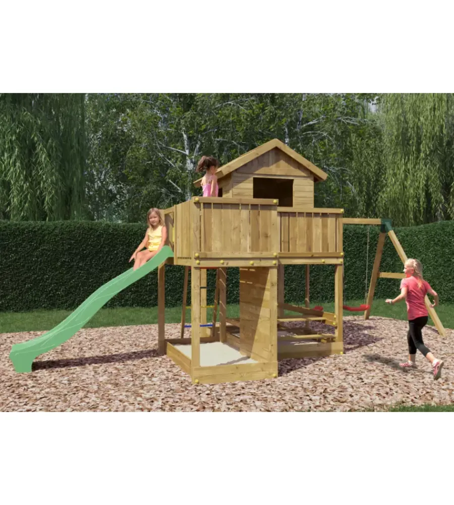 Discount Gioco per bambini da esterno "pluto" con casetta con finestra, altalena doppia e scivolo, 558x301x280 cm Giochi E Casette Bimbo