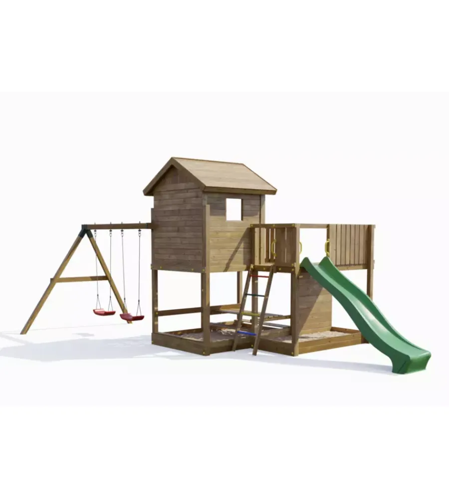 Discount Gioco per bambini da esterno "pluto" con casetta con finestra, altalena doppia e scivolo, 558x301x280 cm Giochi E Casette Bimbo