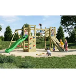 Best Gioco per bambini da esterno in legno "maxi funny exposure" con scivolo, torretta, ponte e altalena, 525x398x210 cm Giochi E Casette Bimbo