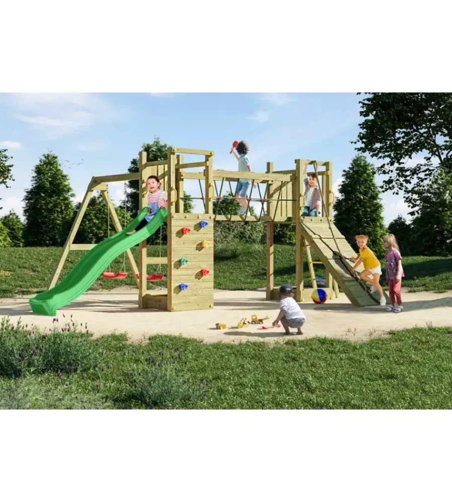 Best Gioco per bambini da esterno in legno "maxi funny exposure" con scivolo, torretta, ponte e altalena, 525x398x210 cm Giochi E Casette Bimbo