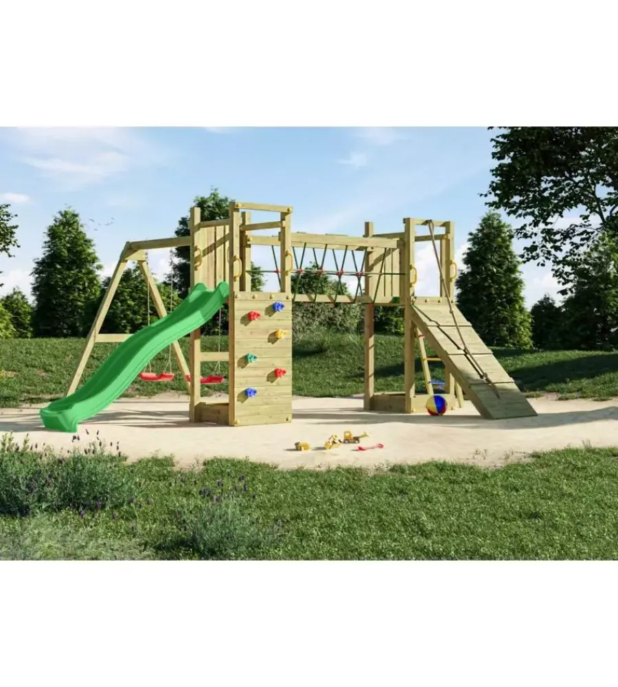 Best Gioco per bambini da esterno in legno "maxi funny exposure" con scivolo, torretta, ponte e altalena, 525x398x210 cm Giochi E Casette Bimbo