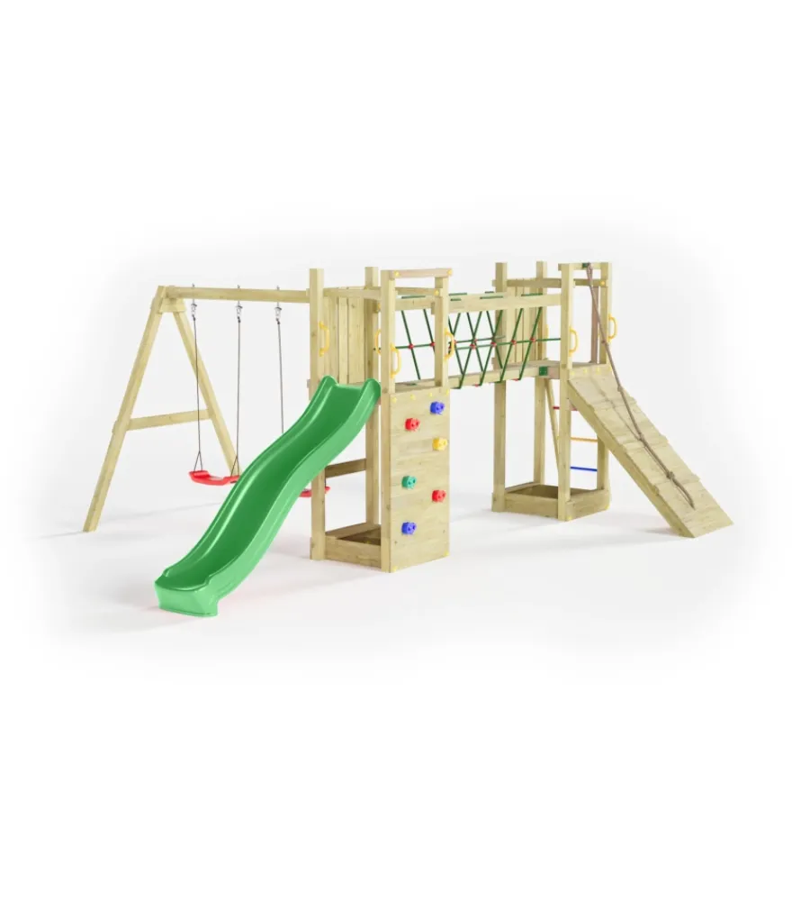 Best Gioco per bambini da esterno in legno "maxi funny exposure" con scivolo, torretta, ponte e altalena, 525x398x210 cm Giochi E Casette Bimbo