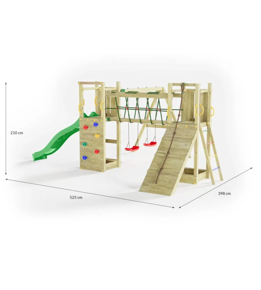 Best Gioco per bambini da esterno in legno "maxi funny exposure" con scivolo, torretta, ponte e altalena, 525x398x210 cm Giochi E Casette Bimbo