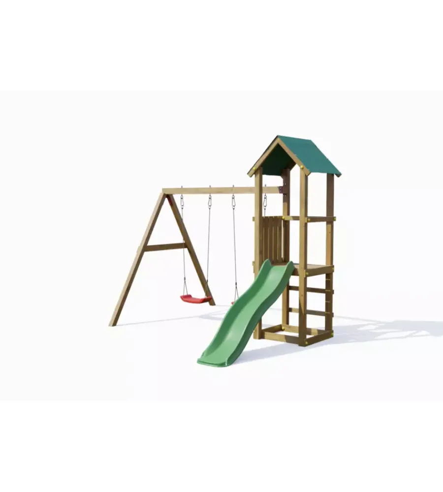 Sale Gioco per bambini da esterno in legno "lucas" con torretta, 2 altalene e scivolo 310x275x245 cm Giochi E Casette Bimbo