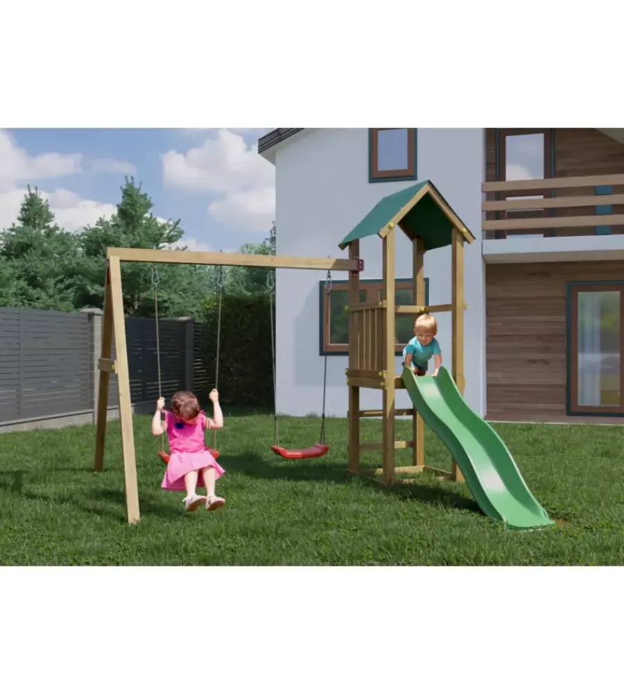 Sale Gioco per bambini da esterno in legno "lucas" con torretta, 2 altalene e scivolo 310x275x245 cm Giochi E Casette Bimbo