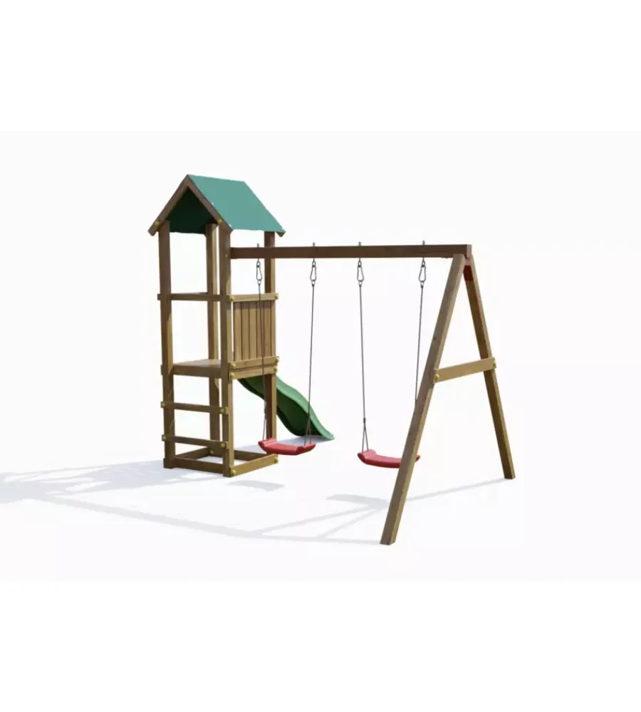 Sale Gioco per bambini da esterno in legno "lucas" con torretta, 2 altalene e scivolo 310x275x245 cm Giochi E Casette Bimbo