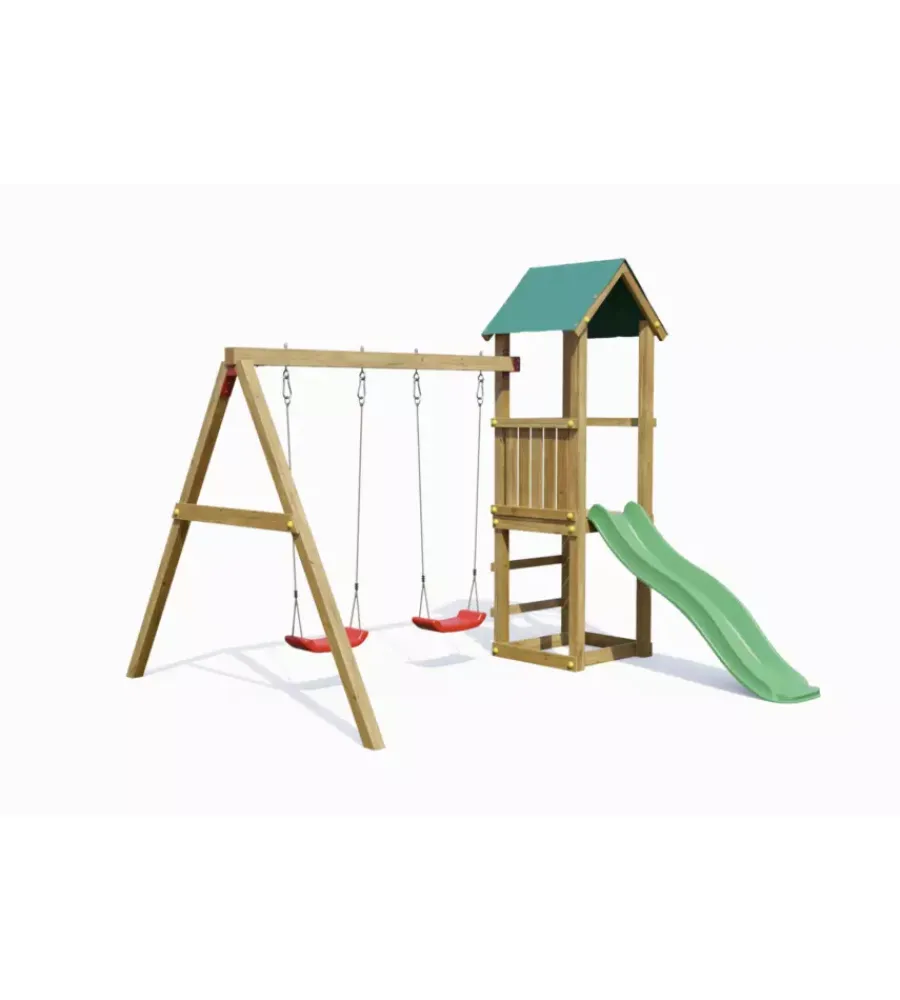 Sale Gioco per bambini da esterno in legno "lucas" con torretta, 2 altalene e scivolo 310x275x245 cm Giochi E Casette Bimbo
