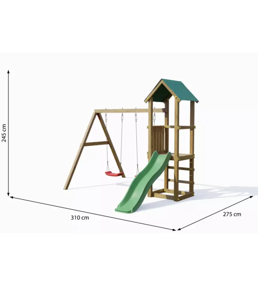 Sale Gioco per bambini da esterno in legno "lucas" con torretta, 2 altalene e scivolo 310x275x245 cm Giochi E Casette Bimbo