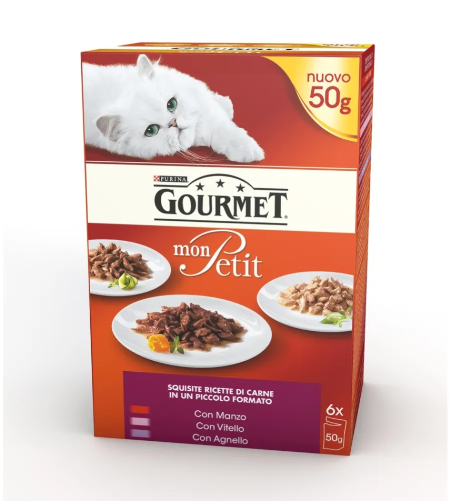 Alimenti Umido Gatto-Purina Gourmet mon petit, alimento umido per gatto, carne di manzo, vitello e agnello.
