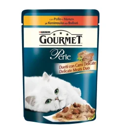 Purina Alimenti Umido Gatto|Gourmet perle, alimento umido per gatto, duetti di carne con manzo e pollo.