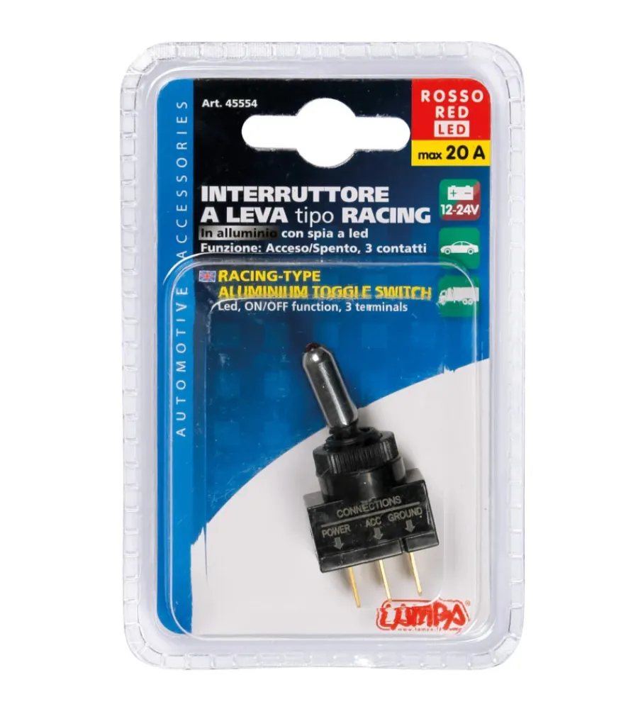 Elettrico|Interruttore a leva tipo racing, in alluminio con spia a led -  12/24v - rosso -  20a  45554
