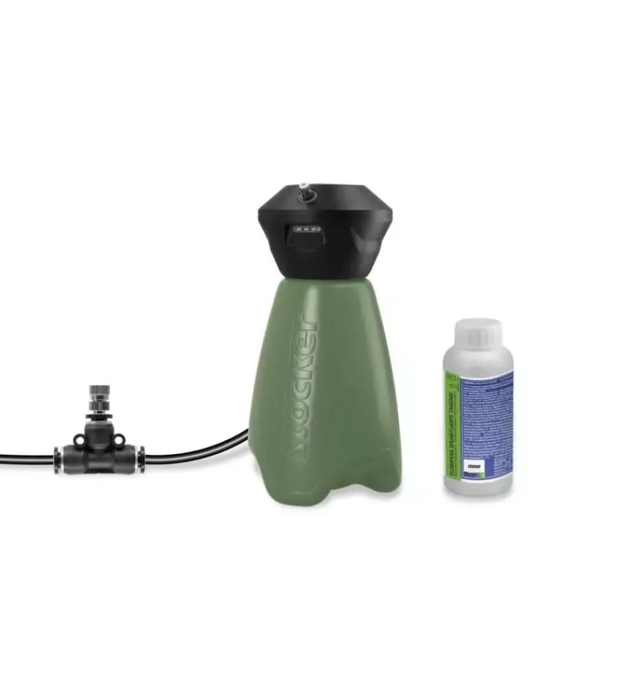 Stocker Attrezzatura Giardinaggio|Kit geyser nebulizzatore antizanzare a batteria 2l 2,5 bar 3,6v 2,5ah con tubo diffusore da 10 m e disabituante florifens 100 ml
