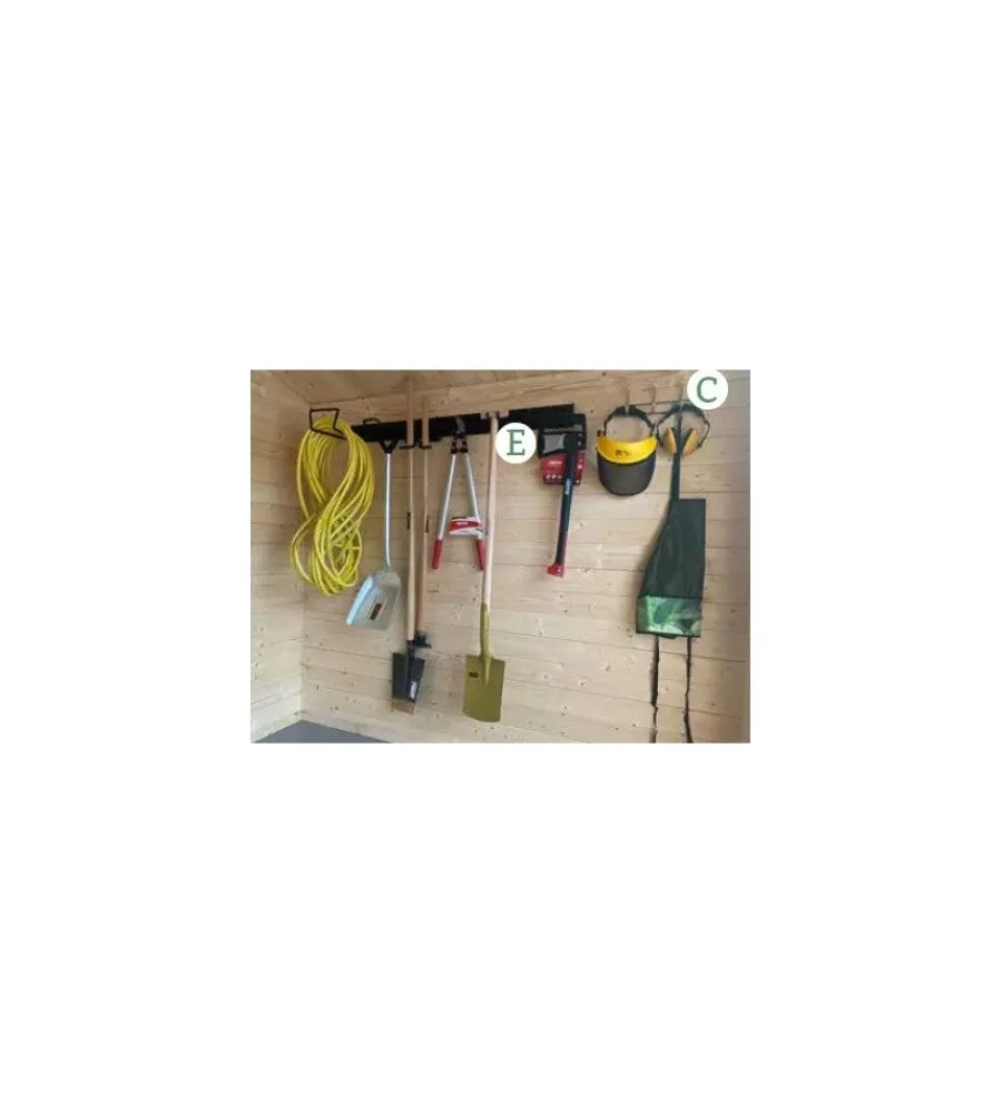 Casette Da Giardino|Kit organizzazione per casette in legno "kit 3" mensole, portascope, attaccapanni, pannello porta chiavi e cacciaviti, porta attrezzi pesanti, mensola con ribaltina