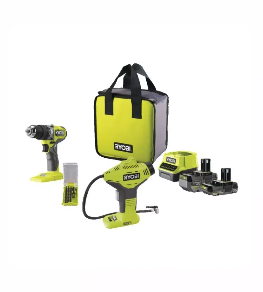 Ryobi Trapani E Avvitatori|Kit trapano a percussione brushless e compressore portatile - con 2 batterie 18v 2ah