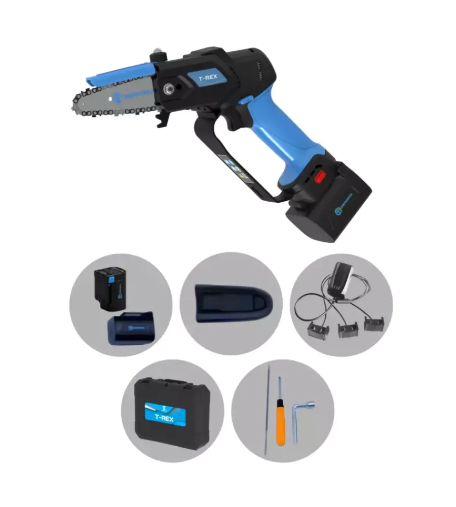 Campagnola Potatori|Kit valigetta potatore a catena a batteria "t-rex" barra 10 cm 2 batterie 21,6v 2,5ah e 4,2ah, caricabatterie tripla uscita, kit attrezzi e copri-barra
