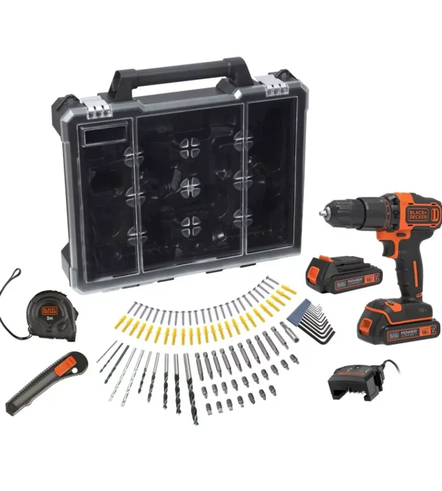Black+Decker Trapani E Avvitatori|Kit valigetta trapano avvitatore a percussione a batteria "bcd700c2amb-qw" 100 accessori e 2 batterie 18v 1,5ah