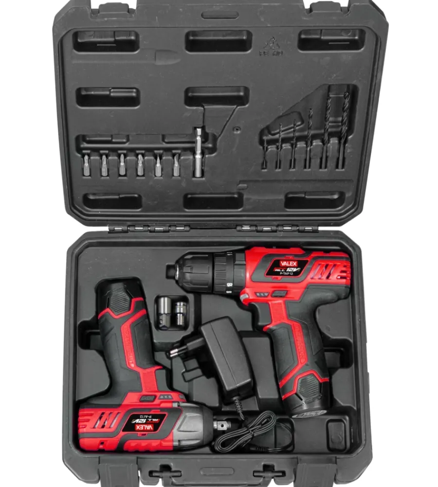 Trapani E Avvitatori-Valex Kit valigetta trapano con percussione e avvitatore impulsi a batteria 2 batterie 12v 2ah e caricabatterie
