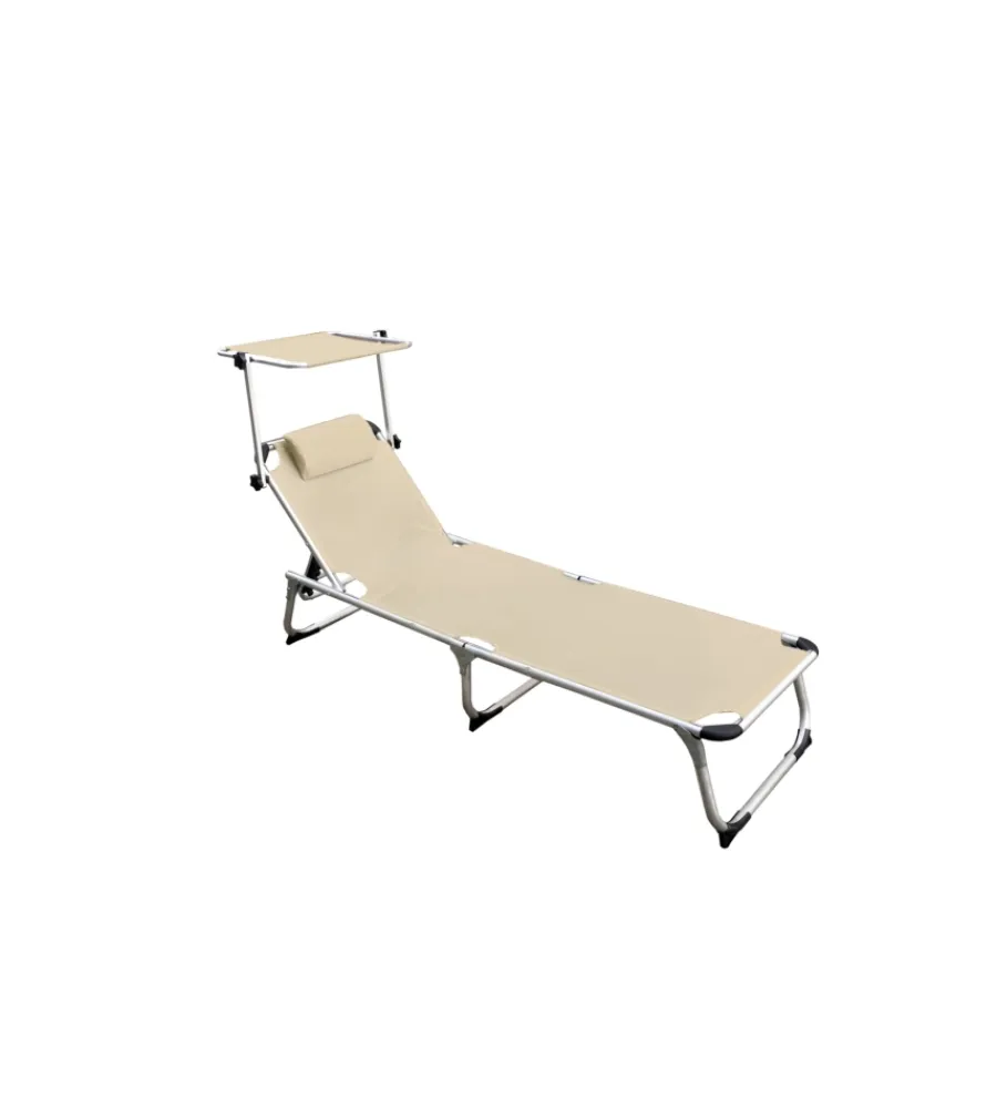 Mobili Da Giardino E Accessori|Lettino prendisole pieghevole, schienale e parasole regolabili e cuscino essenza "mykonos" in alluminio e textilene beige 187x57x30 cm