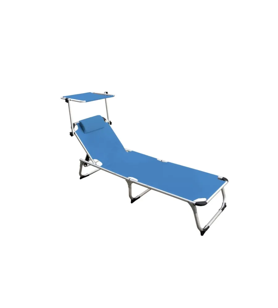 Mobili Da Giardino E Accessori- Lettino prendisole pieghevole, schienale e parasole regolabili e cuscino essenza "mykonos" in alluminio e textilene blu 187x57x30 cm