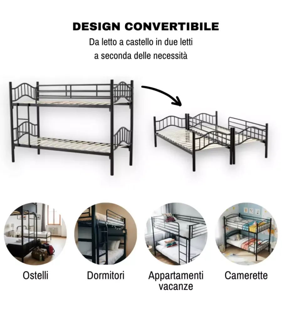 Hot Letto a castello "berna" scomponibile in 2 letti singoli in ferro nero 203x83x145,5 cm Letti E Comodini