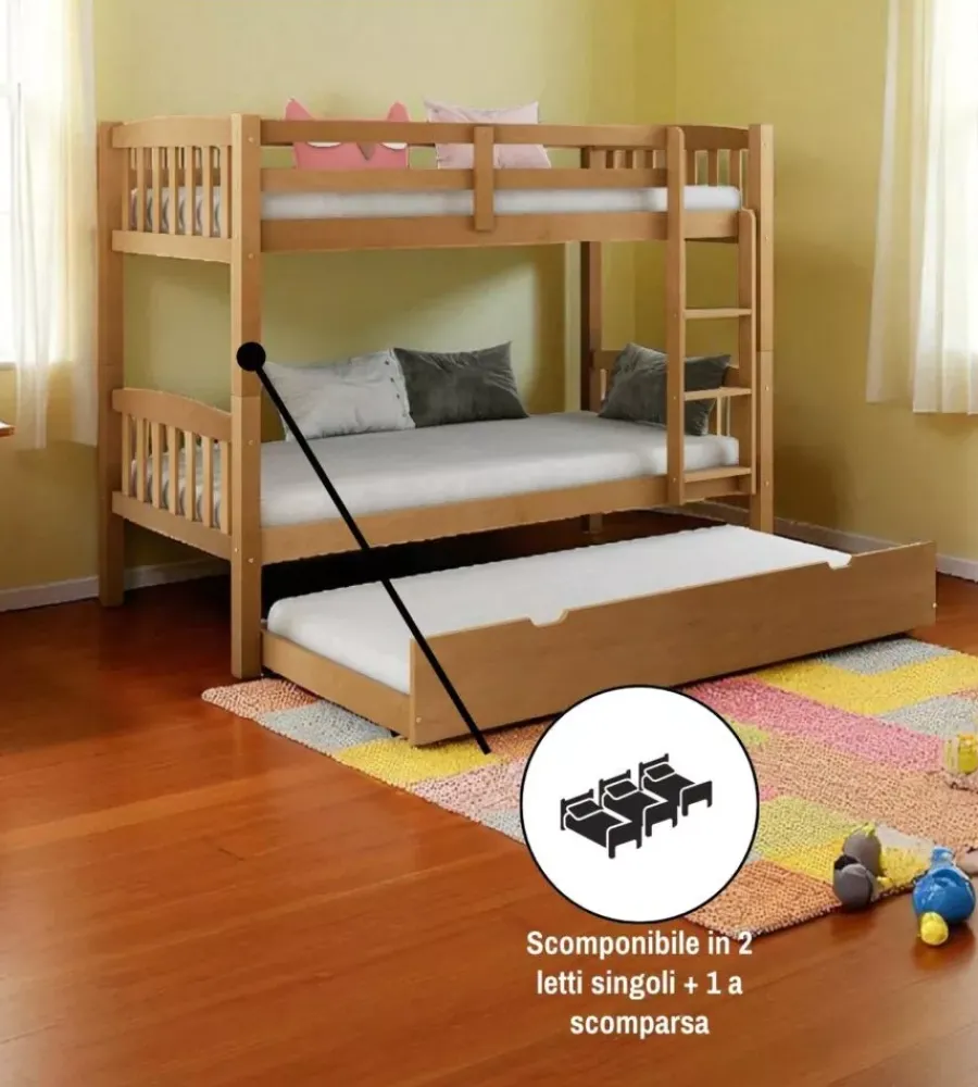 BellaHome Letti E Comodini|Letto a castello "tolosa" in pino massello miele 201,5x97,5x156 cm