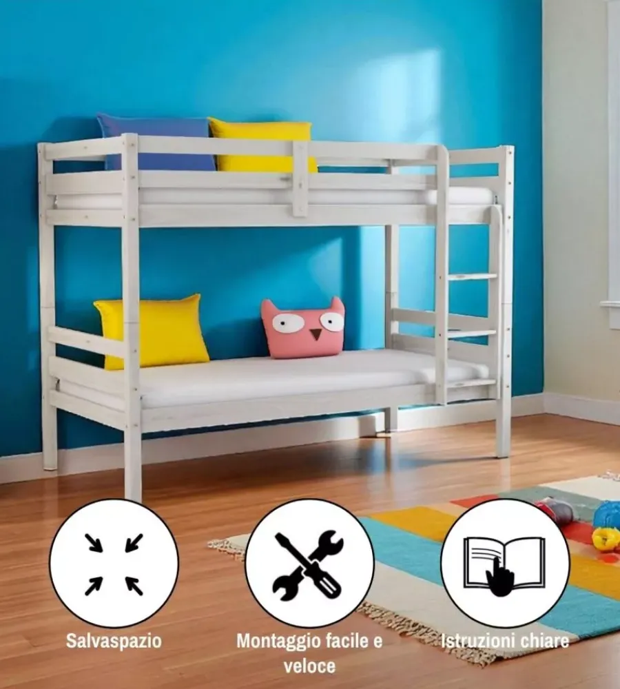 Letti E Comodini-BellaHome Letto a castello "lione" in pino massello bianco 199,5x97x150 cm