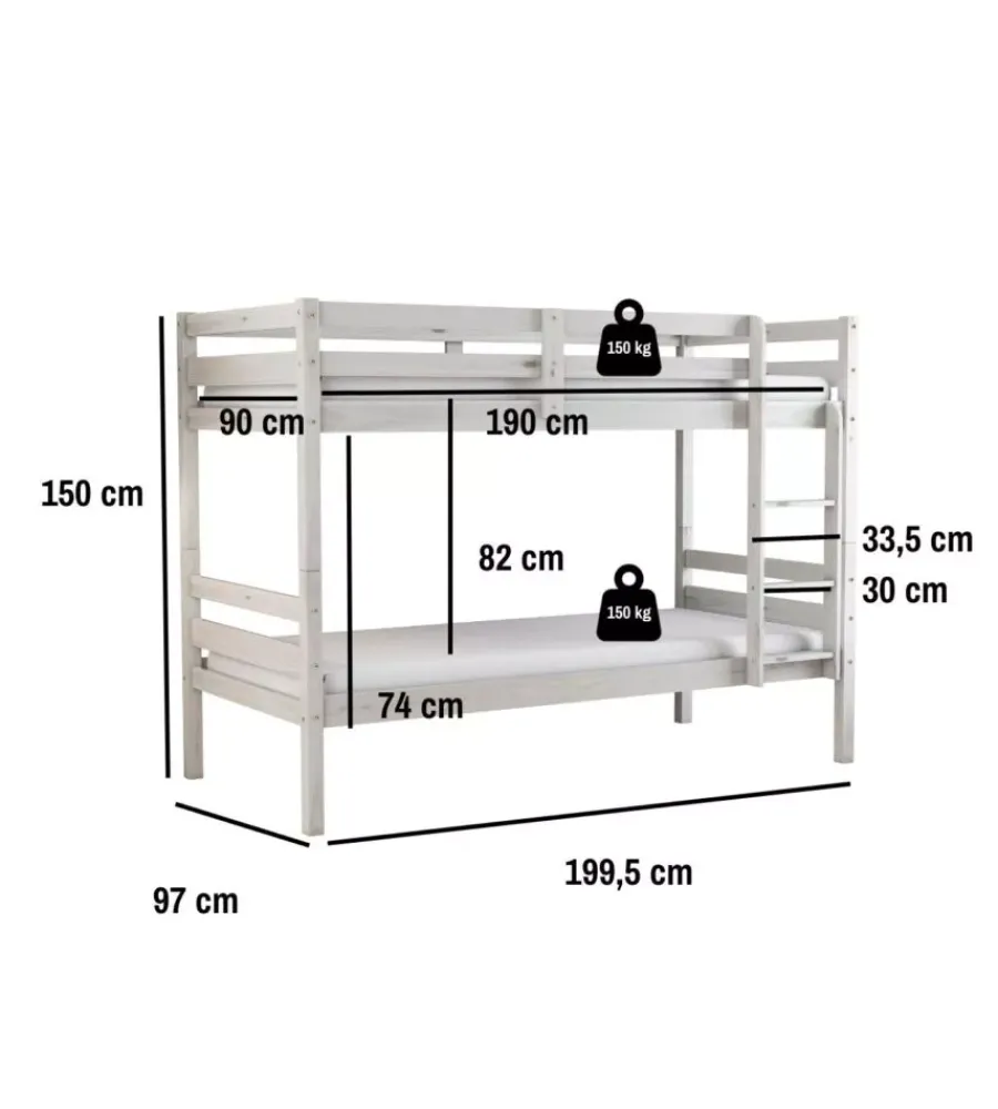 Letti E Comodini-BellaHome Letto a castello "lione" in pino massello bianco 199,5x97x150 cm