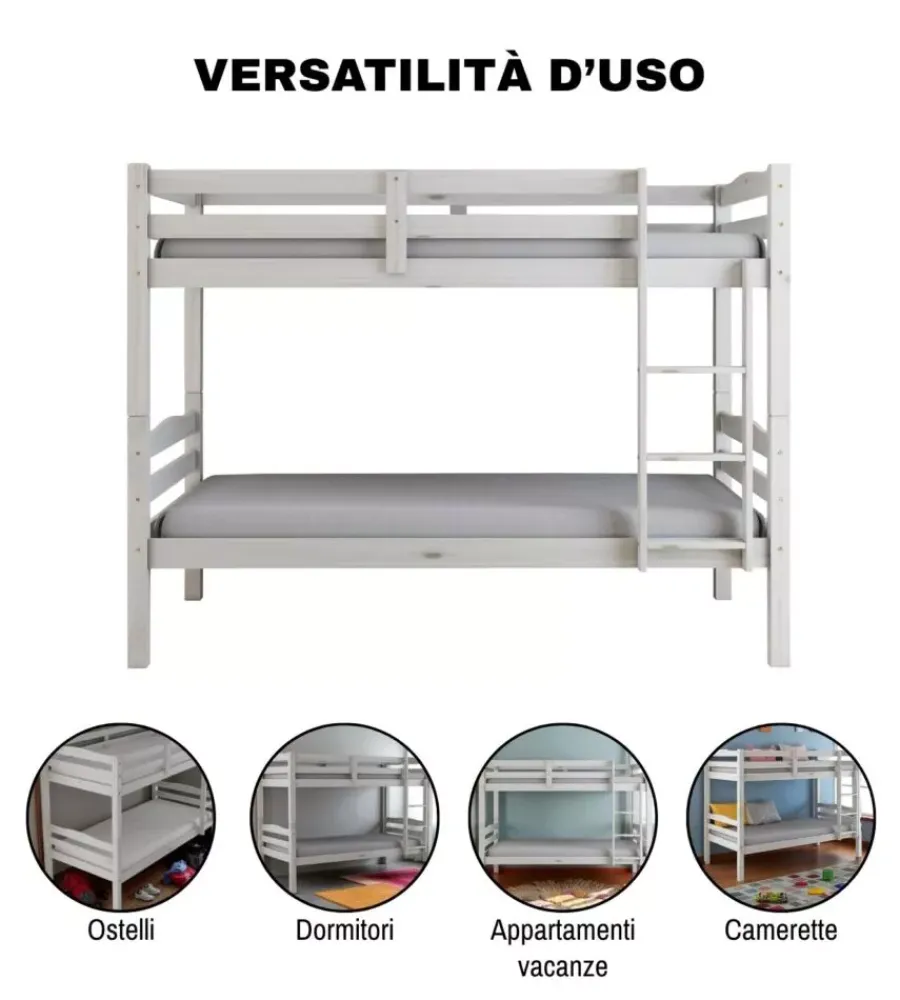 Letti E Comodini-BellaHome Letto a castello "marsiglia" in pino massello bianco 202x98x150 cm