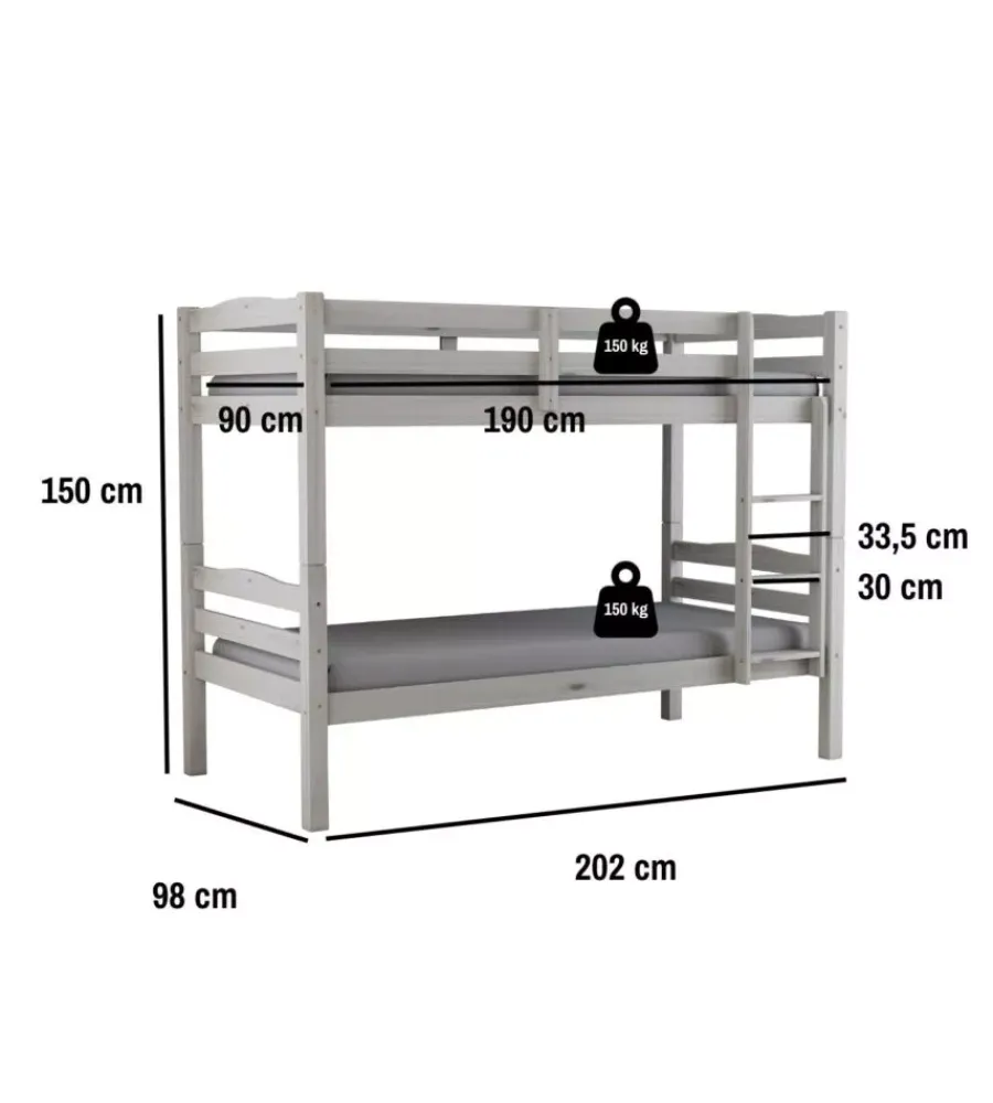Letti E Comodini-BellaHome Letto a castello "marsiglia" in pino massello bianco 202x98x150 cm
