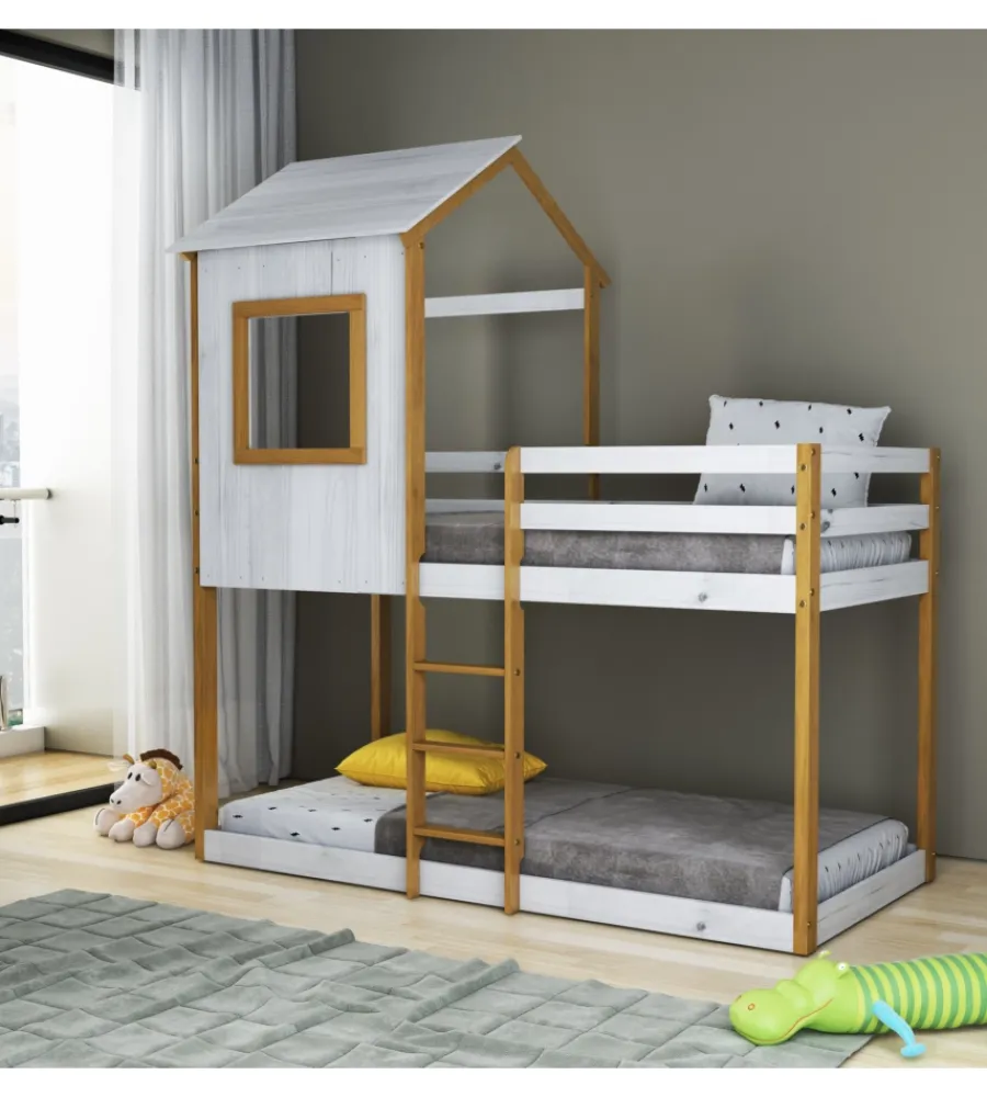 Letti E Comodini-BellaHome Letto a castello per ragazzi "lille" in pino massello con soppalco a casetta 200,5x111x215 cm