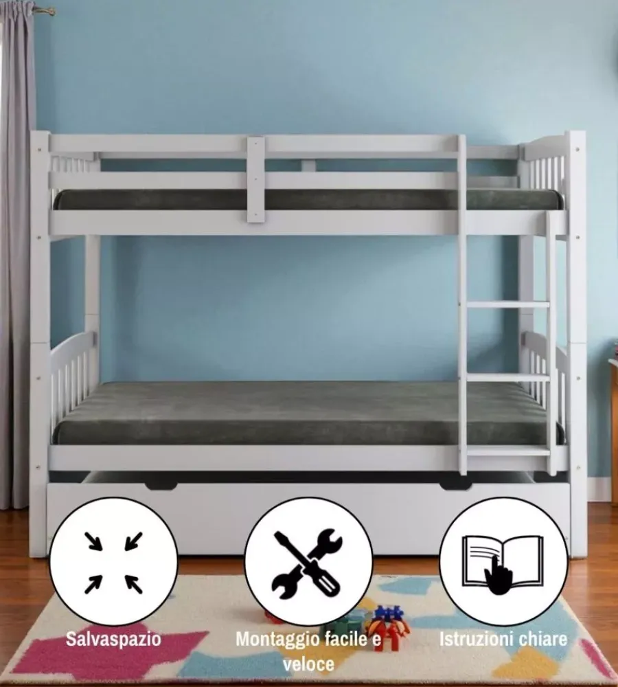 BellaHome Letti E Comodini|Letto a castello "tolosa" in pino massello bianco 201x98x154 cm