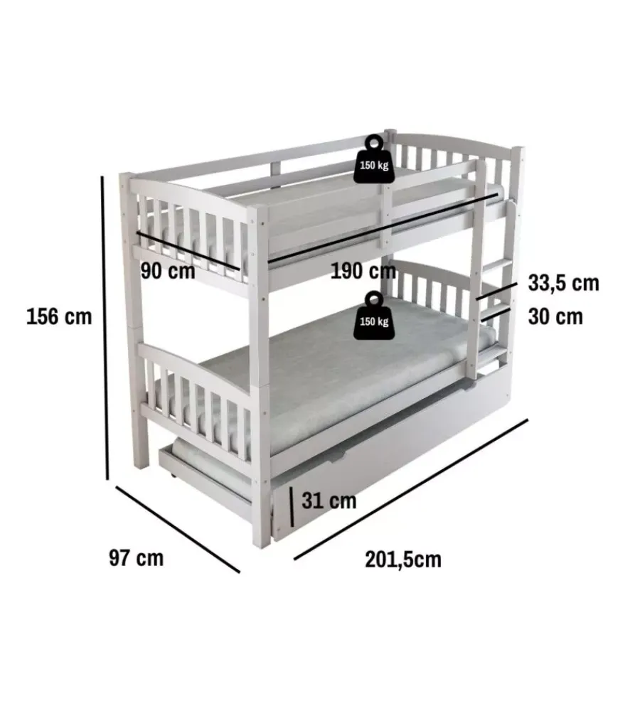 BellaHome Letti E Comodini|Letto a castello "tolosa" in pino massello bianco 201x98x154 cm