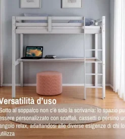 Letto a soppalco con scrivania "nizza" in pino massello bianco laccato 202x98x176 cm Letti E Comodini